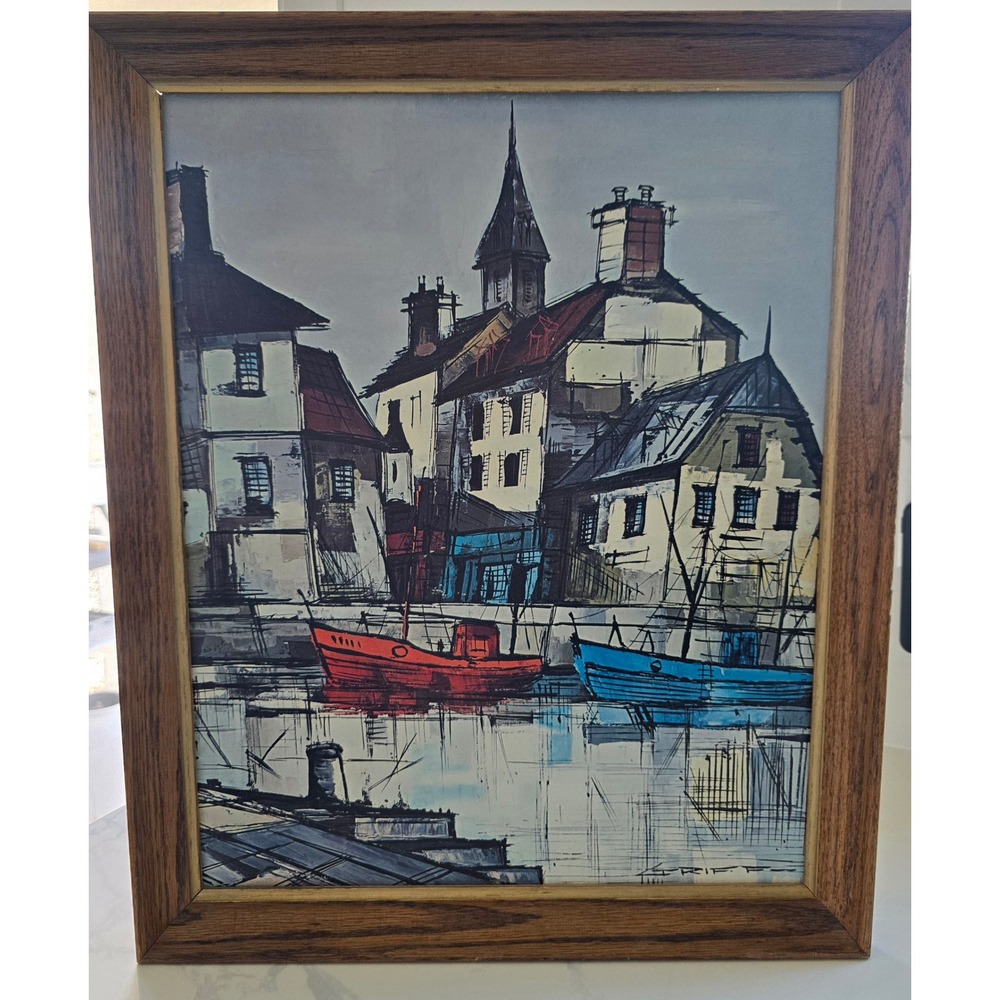 Vintage Griff Mid Century Modern Harbor Boats Textured Print Framed 1960s Art